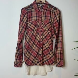 Gimmicks by BKE | Plaid Beaded Embroidered Mesh Long Sleeve Button Down Shirt S